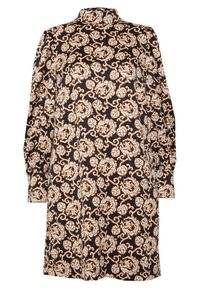 Vestido de manga larga con un cuello alto, con un fondo negro y un intrincado patrón floral en dorado y blanco, elaborado con una tela suave.