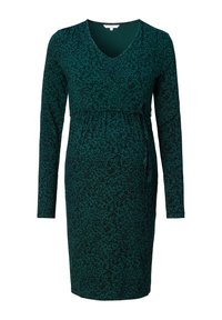 Sukienka ciążowa w ciemnozielonym kolorze z czarnym abstrakcyjnym wzorem liści, dekolt w kształcie litery V, długie rękawy oraz marszczona talia z możliwością regulacji dopasowania.