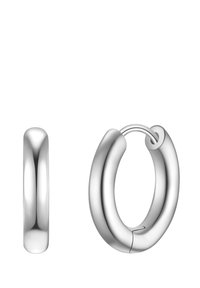Strieborné kruhové náušnice s hladkým, zaobleným dizajnom a lesklým povrchom. Jedna náušnica je zobrazená vzpriamene, druhá z boku.