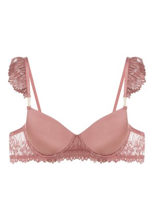 Rose-colored bra with smooth cups, lace accents, and ruffled lace straps. Gold hardware at strap join. Lightweight and textured design.