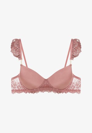 Różowy biustonosz z gładkimi miseczkami, koronkowymi akcentami i falbankami z koronki na ramiączkach. Złote wykończenia przy połączeniu ramiączek. Lekki i teksturowany design.