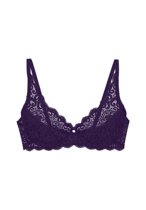Purple lace bra featuring scalloped edges, floral patterns, and adjustable straps. The design includes a small, decorative center detail.