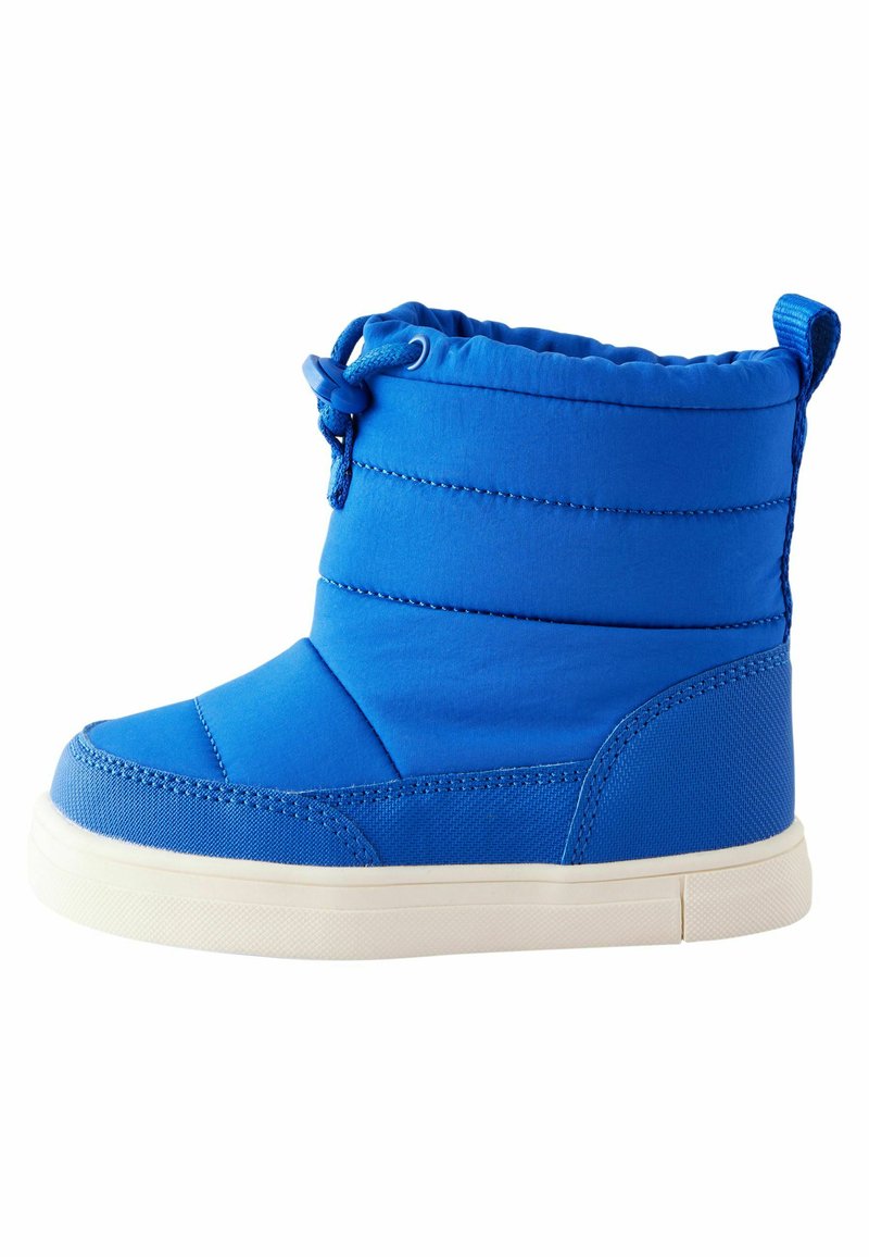 Blaue isolierte Stiefel mit gepolstertem Design, ausgestattet mit einem Kordelzugverschluss oben und einer weißen Gummisohle. Glatte Stoffoberfläche.