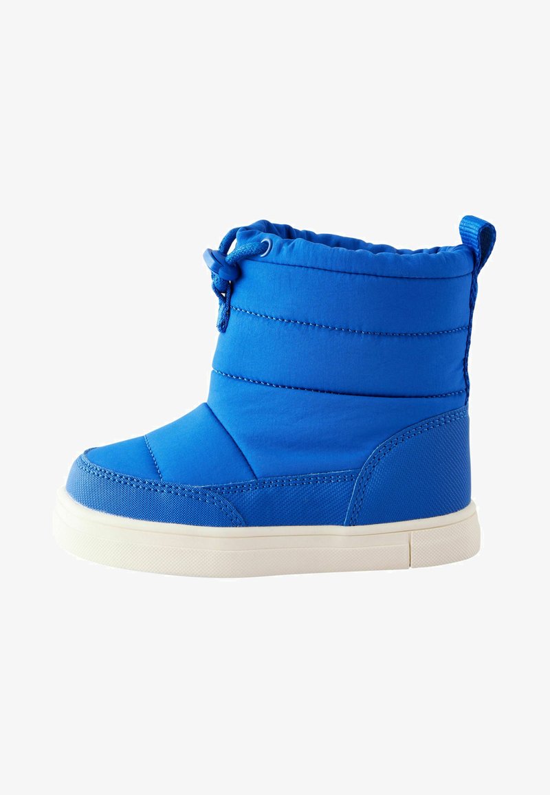 Blaue isolierte Stiefel mit gepolstertem Design, ausgestattet mit einem Kordelzugverschluss oben und einer weißen Gummisohle. Glatte Stoffoberfläche.