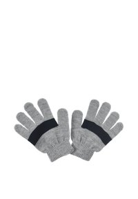 Gray knitted gloves with a ribbed texture, featuring black stripes across the wrist area and five separate finger sections.