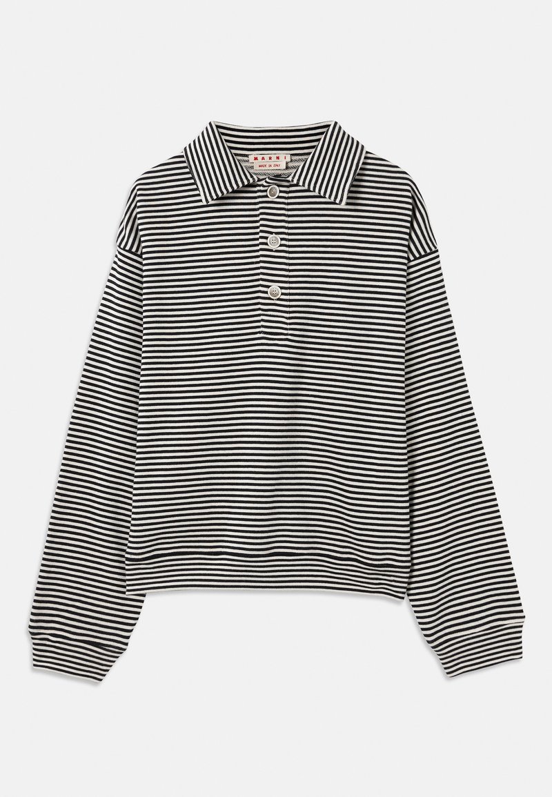 Gestreepte zwart-witte polo shirt met lange mouwen, een puntige kraag, een knoopsluiting met drie knopen en elastische manchetten. Zachte stofstructuur.