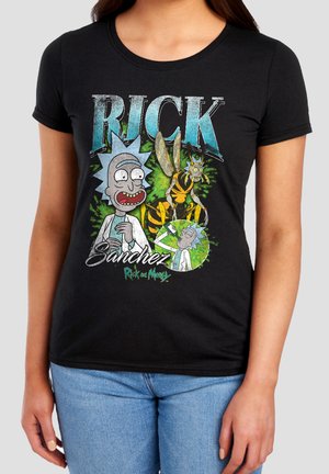Black t-shirt with colorful Rick Sanchez and giant wasp character from Rick and Morty graphic on front.