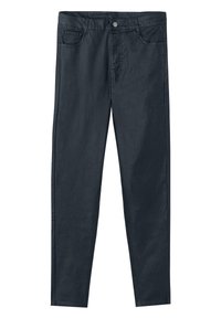 Mörkblå denimjeans med smal passform, fem fickor, knäppning med knapp och dragkedja, samt en slät yta.