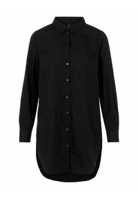 Camicia nera con bottoni, maniche lunghe, colletto classico, taglio dritto e orlo arrotondato. Tessuto liscio con bottoni neri lungo il davanti.