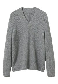 Grauer gestrickter Pullover mit V-Ausschnitt, strukturiertem Rippstoff und langen Ärmeln. Lässiger Schnitt mit einer entspannten Silhouette.