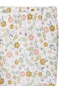 Floral-patterned fabric. White background with pink, yellow, green, and lavender flowers and leaves. Soft texture with fine detailing.