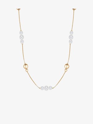Zlati verižni ovratnik z belimi biseri, izmenično z zlatimi kroglicami. Oblikovanje vključuje tri bisere, združene skupaj, in enakomerno razporejene akcentne elemente.