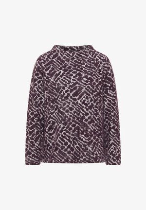 Textuur, lange mouw pullover in donkerpaars met een lichtgrijs abstract patroon. Kenmerkt zich door een hoge halslijn en een ontspannen pasvorm.