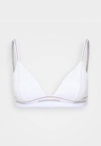 Sostén triangular blanco con tirantes elásticos grises y un acento rojo. Presenta una banda elástica de marca en la parte inferior con texto en plata.