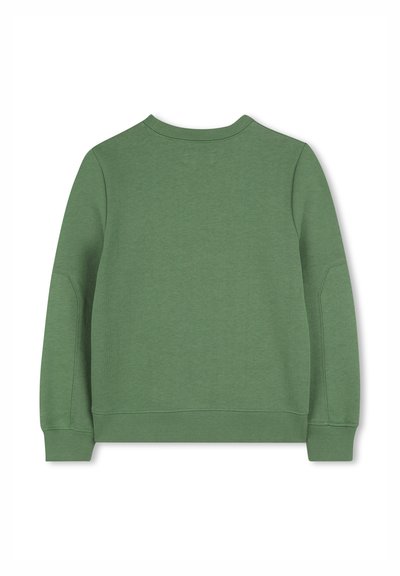 Sweat-shirt vert en coton avec un col rond, des poignets et un ourlet côtelés. Texture lisse et design minimaliste, sans logos ni motifs visibles.
