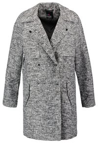 Cappotto grigio con una struttura a doppio petto, ampi risvolti, tasche laterali e dettagli bottone. Realizzato in tessuto tessuto.