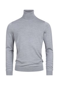 Grauer Rollkragenpullover aus weichem Strickstoff. Mit langen Ärmeln und einer figurbetonten Passform, verfügt über gerippte Bündchen und Saum. Einfache, glatte Textur.