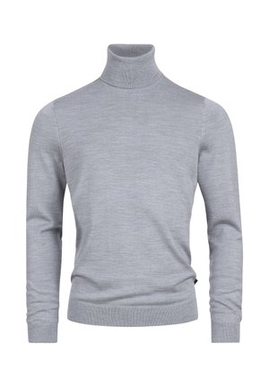 Maglione grigio a collo alto realizzato in un morbido tessuto a maglia. Presenta maniche lunghe e un design aderente con polsini e orlo a coste. Tessuto semplice e liscio.