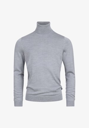 Maglione grigio a collo alto realizzato in un morbido tessuto a maglia. Presenta maniche lunghe e un design aderente con polsini e orlo a coste. Tessuto semplice e liscio.
