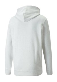 Sudadera blanca con manchas vista desde la parte de atrás, con mangas largas y capucha, hecha de tela suave.