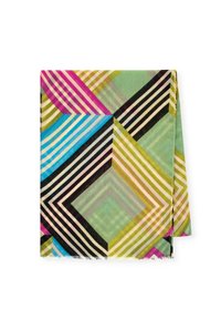 Écharpe multicolore présentant des motifs géométriques en vert, rose, bleu et noir, avec des rayures alternées et des bords à franges.