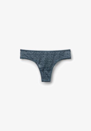 Lace thong in dark blue with floral patterns, featuring a delicate scalloped edge and smooth texture. Adjustable waistband for fit.