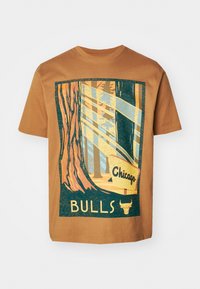 Smeđi pamučni majica s grafičkim dizajnom koji uključuje stabla, natpis "Chicago" i tekst "Bulls", postavljen na plavoj i žutoj pozadini.
