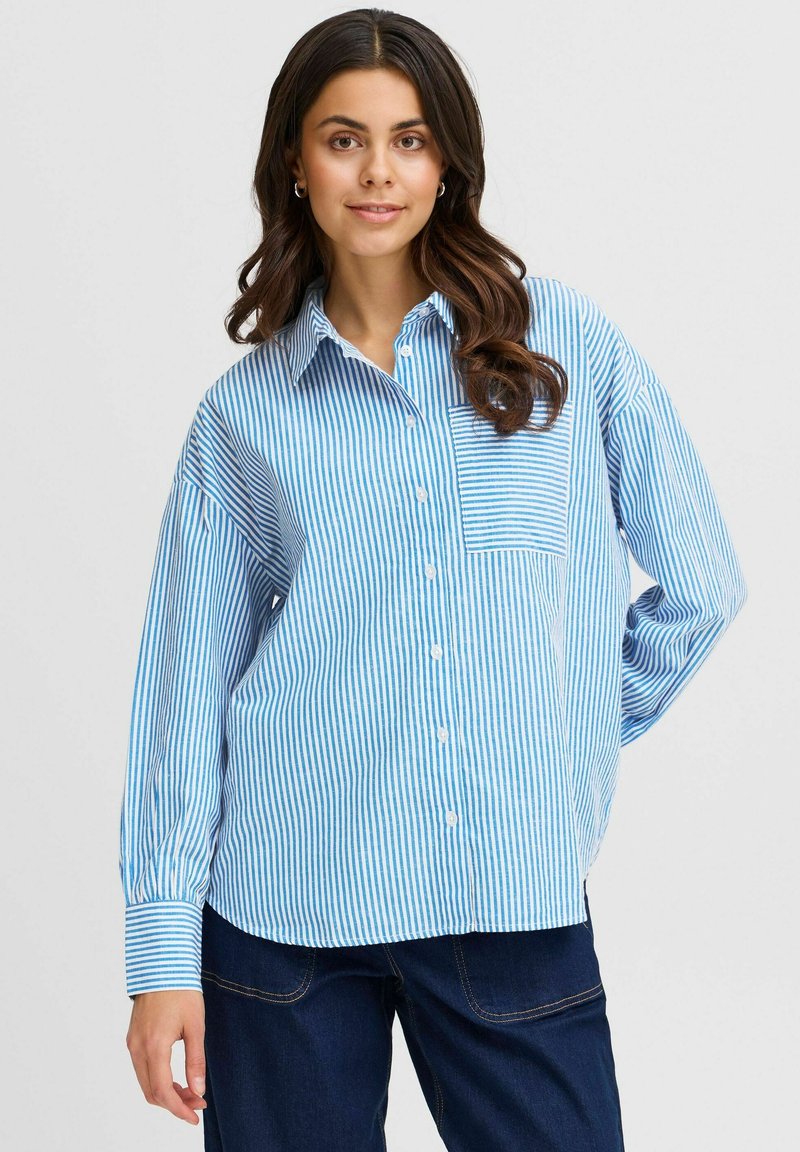 Blue and white striped button-up shirt with a chest pocket, long sleeves, and a relaxed fit. Cotton fabric with soft texture.