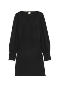 Robe noire à manches longues avec un col rond, des manches légèrement bouffantes et une silhouette ajustée. Fabriquée en tissu lisse et doux.