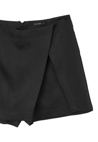 Schwarzer Wickelrock aus glattem Stoff, mit asymmetrischem Design, einem Reißverschluss auf der Rückseite und einer klaren, einfachen Silhouette.