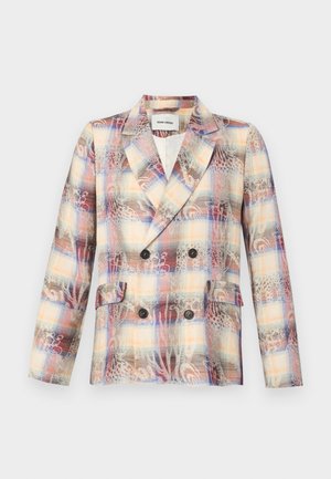 Blazer de doble botonadura hecho de tela estampada en tonos pastel, con solapa de muesca, dos bolsillos frontales y botones negros.