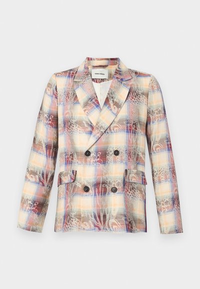 Dubbelknäppt blazer i mönstrad tyg i pastellfärger, med spetsad krage, två framfickor och svarta knappar.