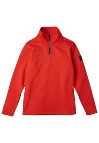 Suéter de fleece rojo con cuello alto y media cremallera, con mangas largas y un pequeño parche negro con logo en la manga izquierda.