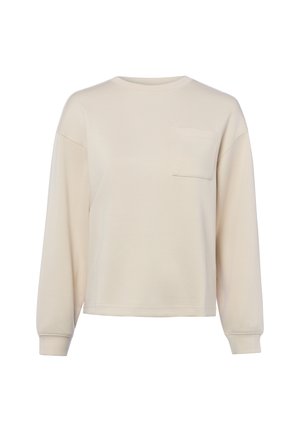 Beige langärmliges Sweatshirt mit Rundhalsausschnitt, einer Brusttasche und gerippten Bündchen, auf weißem Hintergrund präsentiert.
