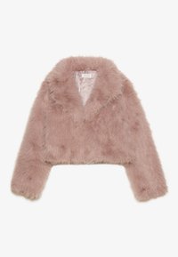 Chaqueta corta hecha de suave piel sintética en color rosa claro. Presenta un cuello con muesca y mangas largas ligeramente anchas. Superficie texturizada de felpa.