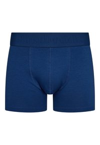 Siniset bokserit, joissa on tasainen väri ja pehmeä rakenne. Varustettu leveällä, saman sävyisellä vyötärönauhalla, jossa on kohotettu brändilogo, sekä litteillä saumoilla.