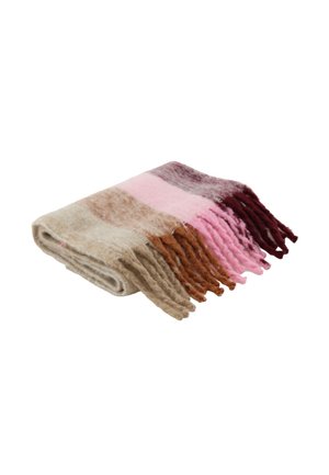 Vouwsjaal van zacht materiaal met horizontale strepen in beige, bruin, roze en bordeaux, voorzien van franjes aan de uiteinden.