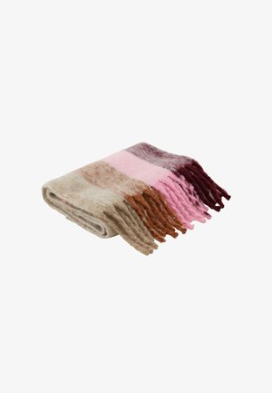 Folded soft scarf with horizontal stripes in beige, brown, pink, and burgundy, featuring fringed ends.