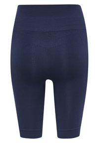 Cuissard de cyclisme sans couture bleu foncé taille haute avec une large ceinture et des détails côtelés texturés sur les côtés et à l'arrière.