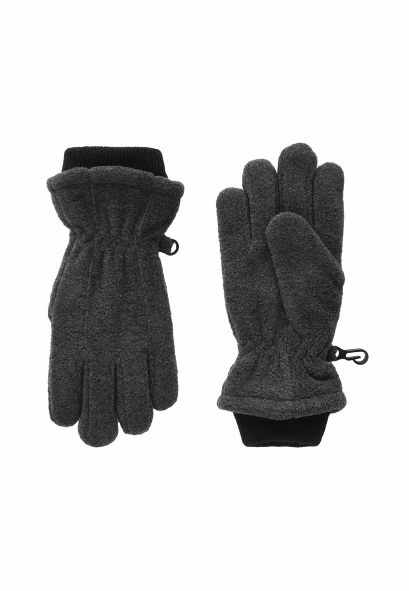 Gants gris texturés avec un ajustement près du corps, dotés de poignets élastiques et d'un système de fermeture à cordon pour un maintien sécuris�é. Un tissu doux assure la chaleur.