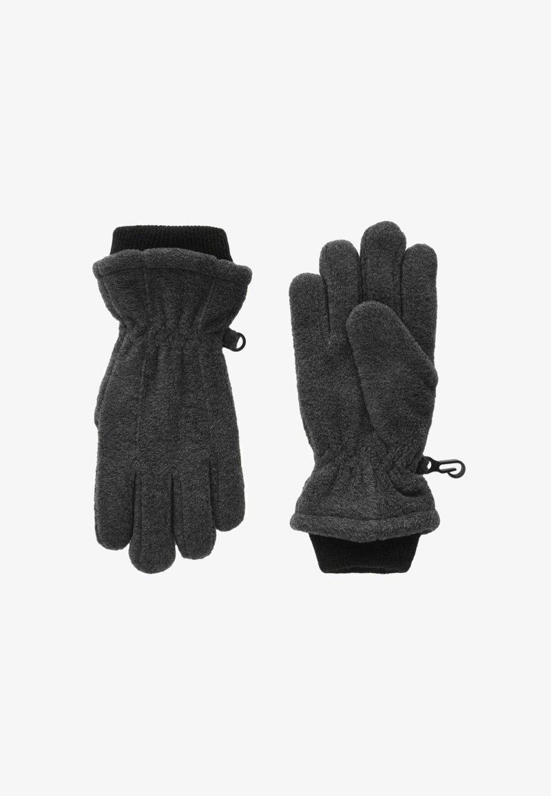 Geweven grijze handschoenen met een nauwsluitende pasvorm, voorzien van elastische manchetten en een trekkoordsluiting voor een veilige afsluiting. Zachte stof zorgt voor warmte.