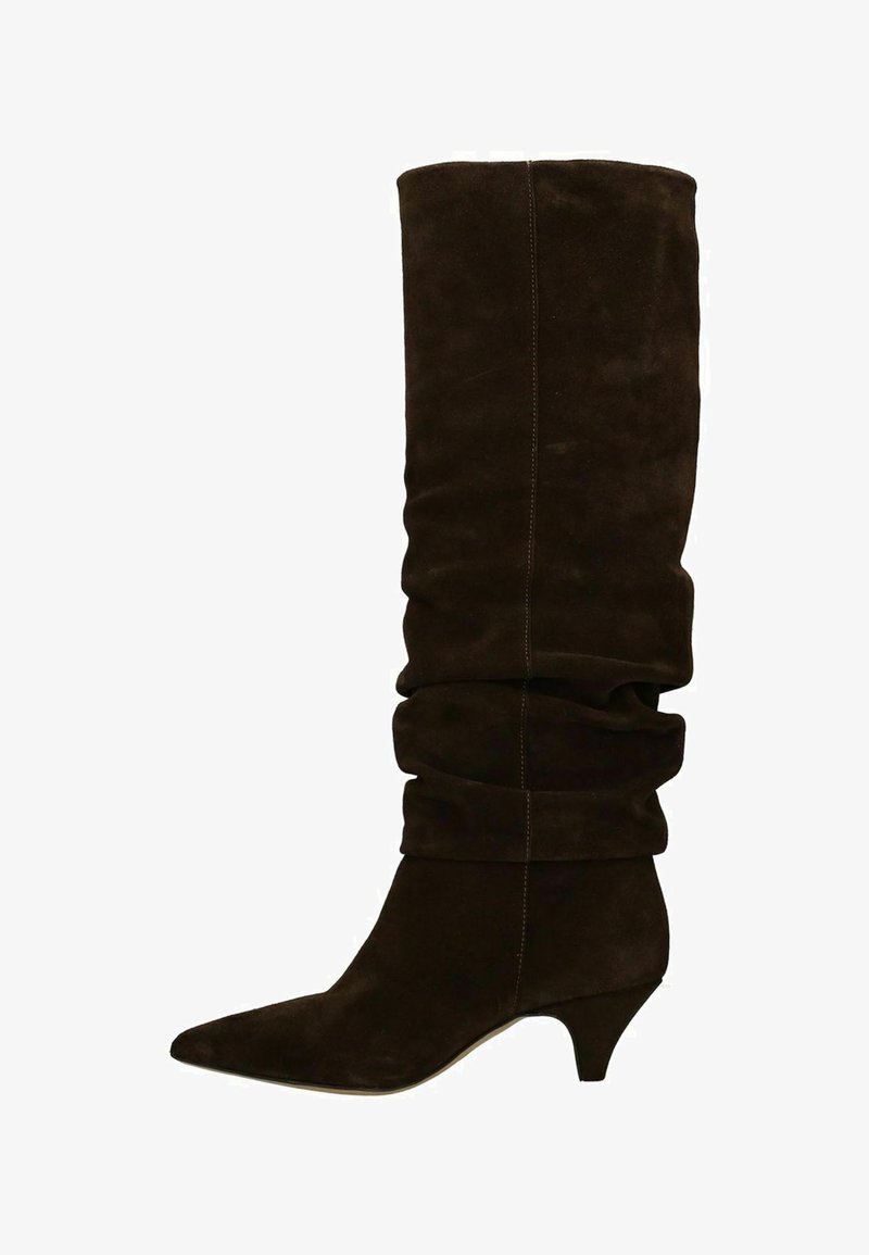 Brown suede knee-high boot with a slouchy design, pointed toe, and a small kitten heel. Features subtle stitching along the seam.