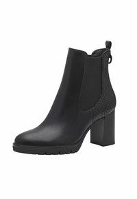 Botte noire au niveau des chevilles avec une combinaison de cuir lisse et d'accents en relief à motif serpent, dotée d'un talon carré et d'un panneau latéral élastique.