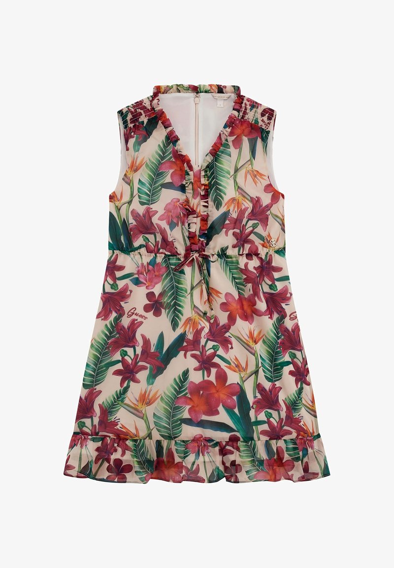 Bez rukava cvjetna haljina od laganog materijala, s volanima na izrezu, elastičnim strukom i tropskim uzorkom u ružičastoj i zelenoj boji s volanima na rubu.