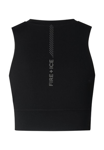 Schwarzes ärmelloses Crop-Top mit reflektierendem vertikalem Streifen und dem Schriftzug "FIRE+ICE" in der Mitte des Rückens.