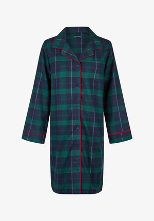 Groen en marineblauw geruit nachthemd met rode biezen, knoopsluiting aan de voorkant, lange mouwen en een zak. Gemaakt van zachte stof met een comfortabele pasvorm.
