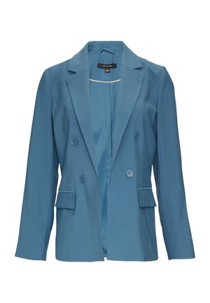 Dubbelzijdige blazer van lichtblauwe stof met pieklapels, twee voorkeurszakken en knoopsluitingen, met een gladde textuur en een getailleerde pasvorm.
