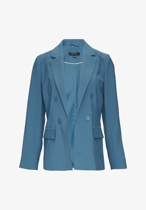 Doppelreiher-Blazer aus hellblauem Stoff mit Schößchen, zwei Fronttaschen und Knopfverschluss, mit glattem Material und tailliertem Schnitt.