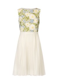 Robe blanche avec broderie florale en vert, jaune et bleu, présentant un corsage ajusté et une jupe plissée, finie par une fermeture éclair au dos.