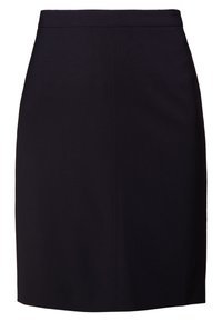 Zwarte rok met een rechte snit, zijnaaddetails en een gladde textuur. Heeft een strakke taille zonder zichtbare sluitingen.